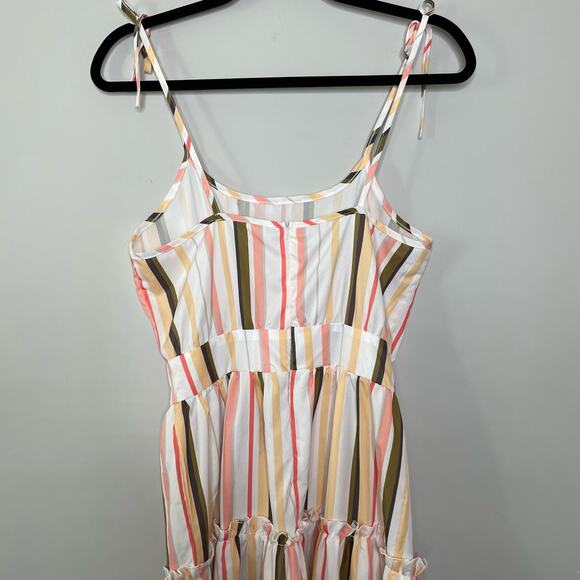 Women Striped Tiered Sleeveless Tie Shoulder Midi Sundress Boho Festival Cottage - Picture 9 of 12